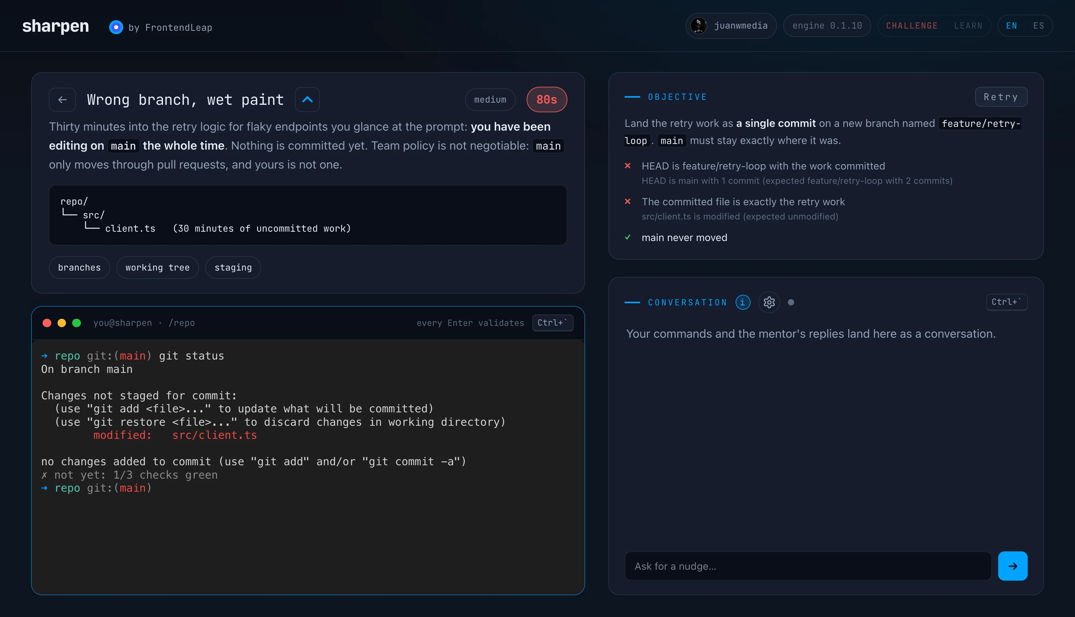 The sharpen arena: briefing, Git terminal and live verdict panel for the Wrong branch, wet paint challenge