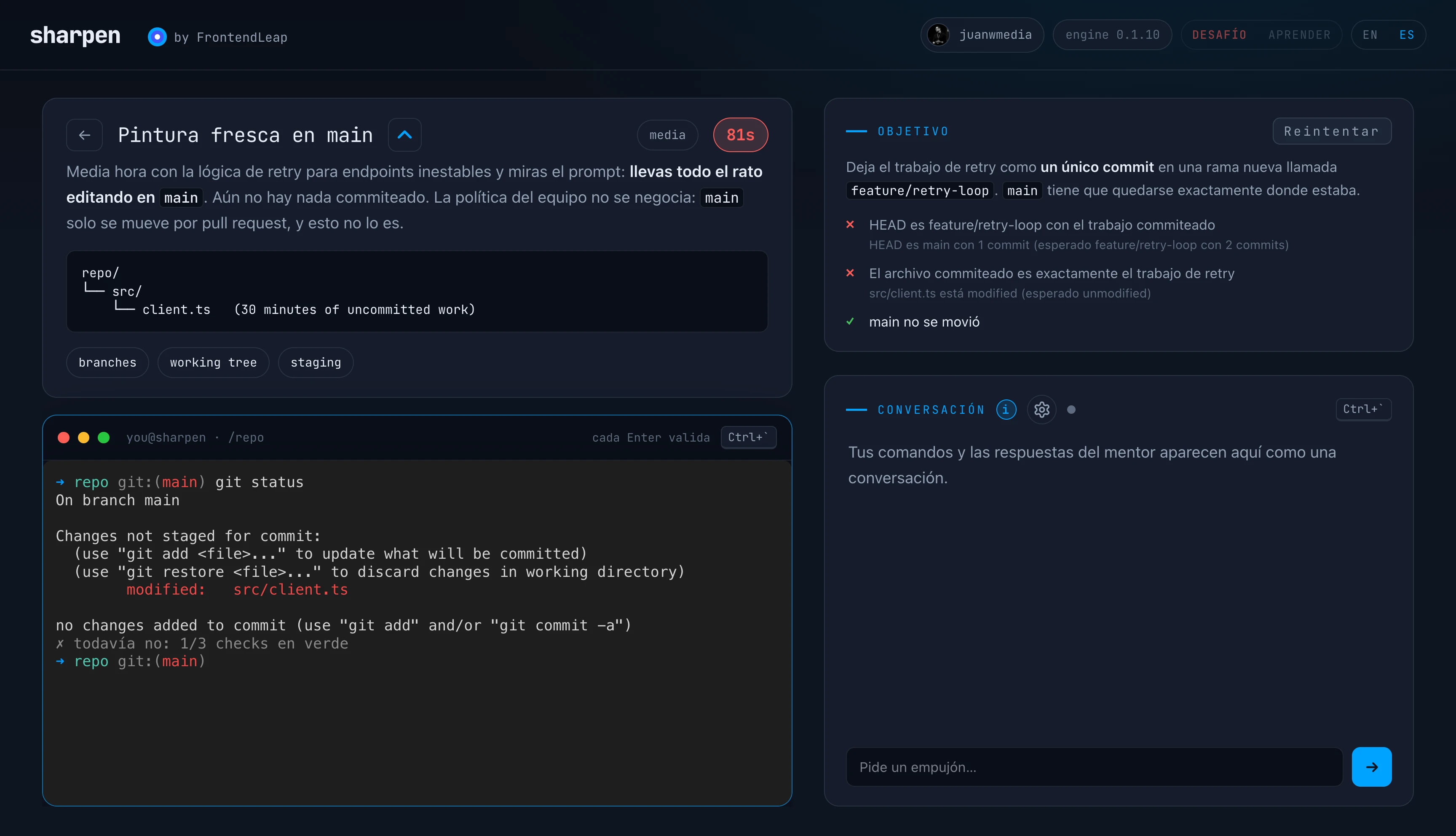 El arena de sharpen: briefing, terminal Git y panel de veredicto en vivo del reto Pintura fresca en main